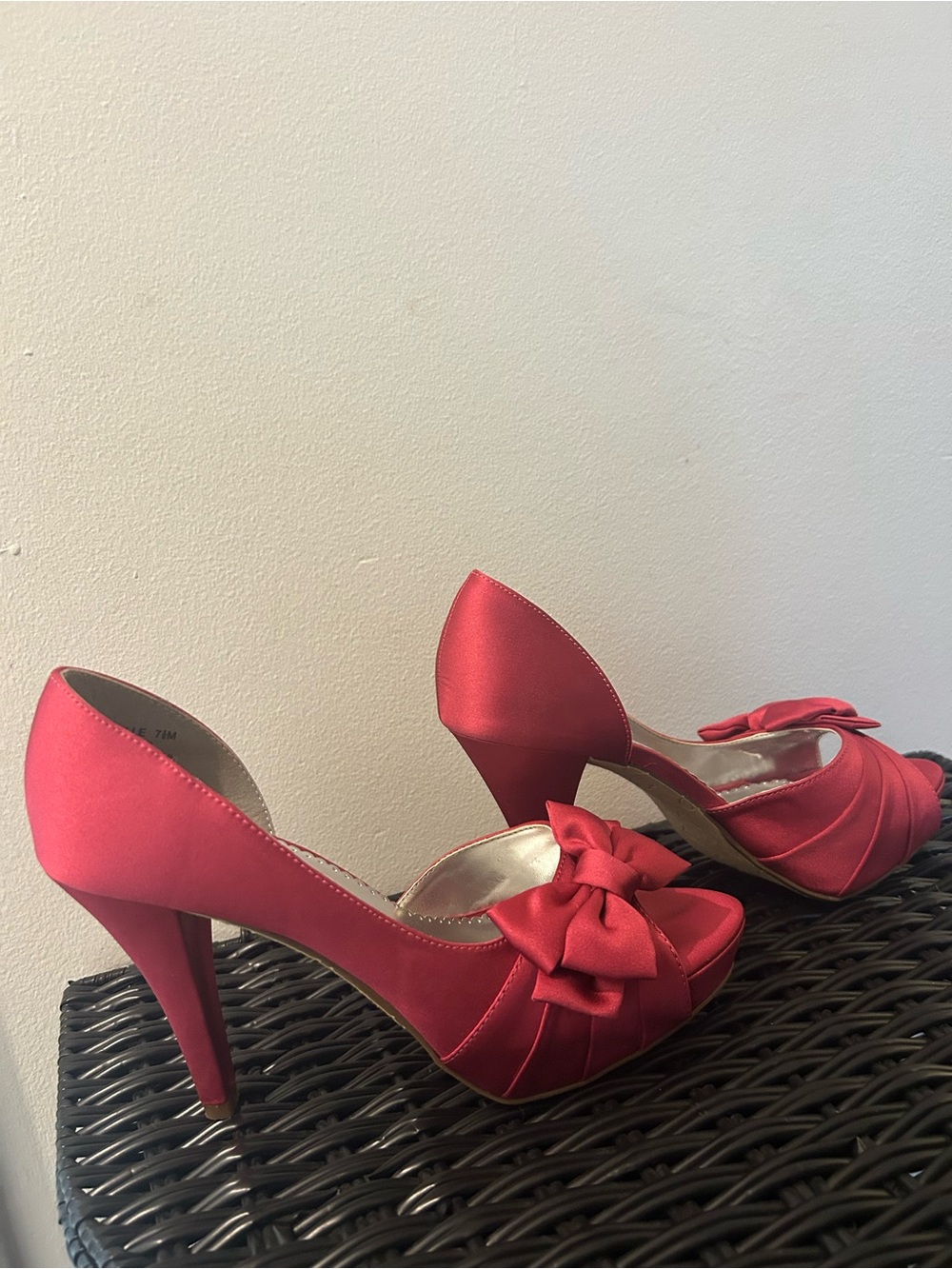 Michelangelo watermelon Satin Peep-Toe Heels with Bow Accent